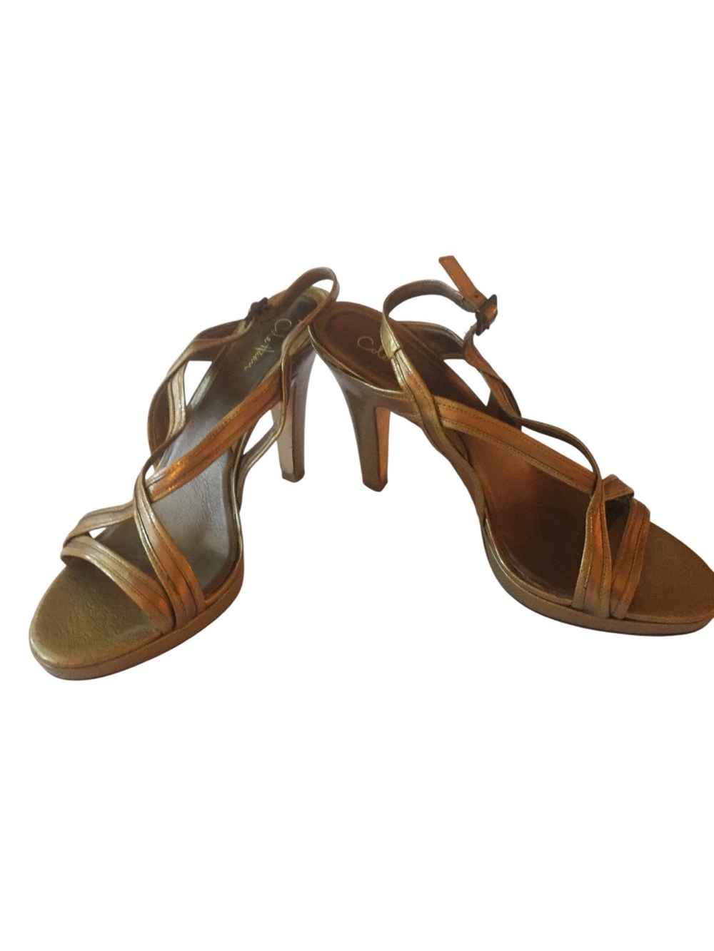 Cole Haan Tiana Bronze/Gold Patent Leather Open Toe Strappy Slingbacks Sz 9.5